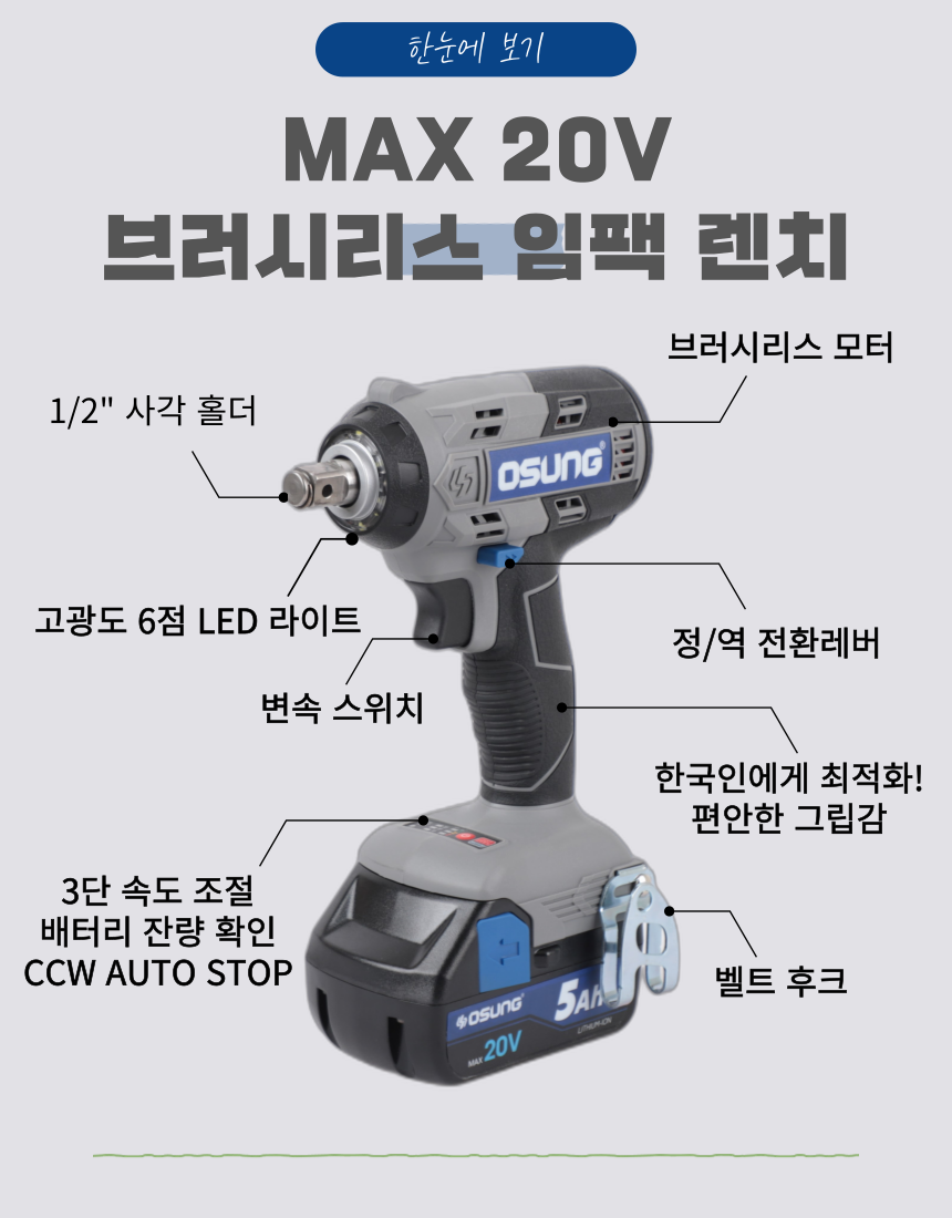 오성 MAX 20V 임팩 렌치 OCW-2052SL 50 [2 BAT] + OMC-2030D + PLASTIC BOX