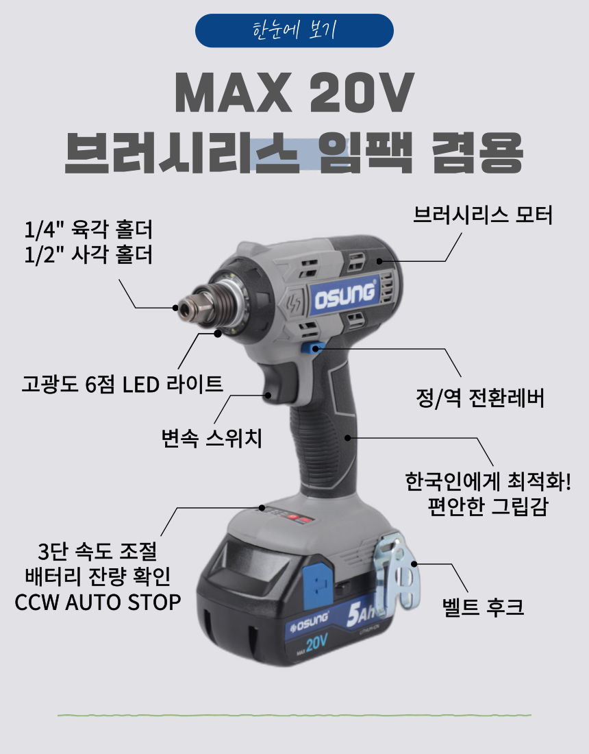 오성 MAX 20V 임팩 드라이버,렌치 겸용 OCW-2051XL 50 [2 BAT] + OMC-2030D + PLASTIC BOX