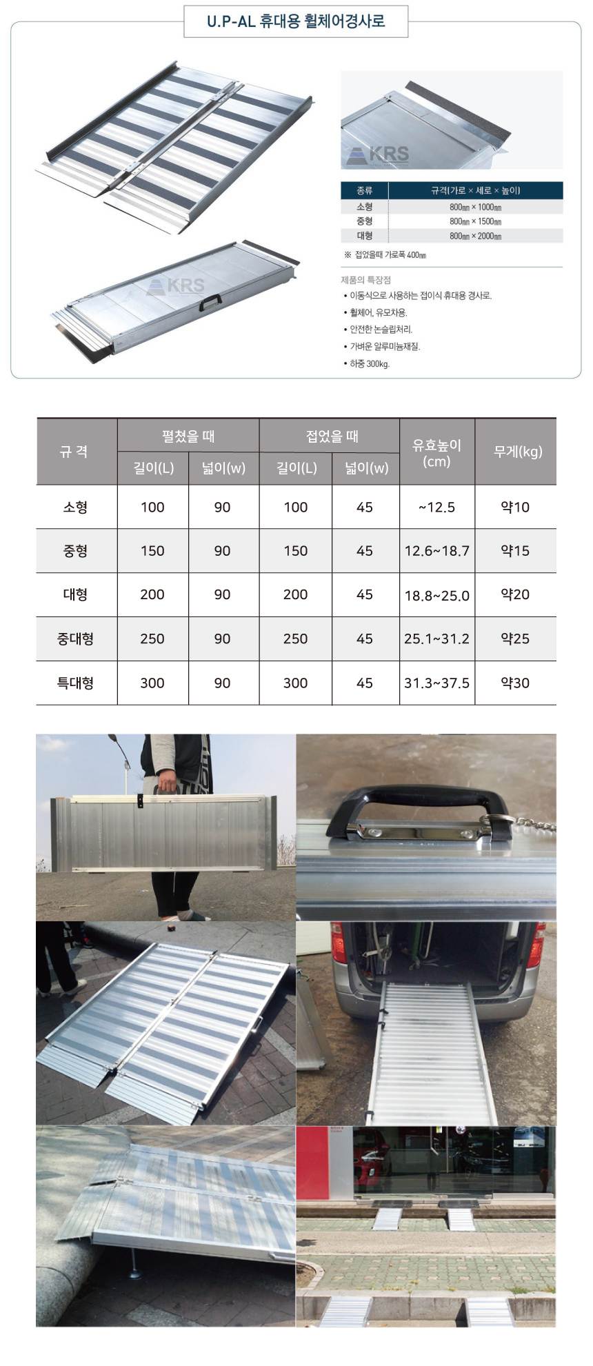 UP 알미늄 접이식 경사로 (중대형) L2500*W450(900)*H25.1~31.2